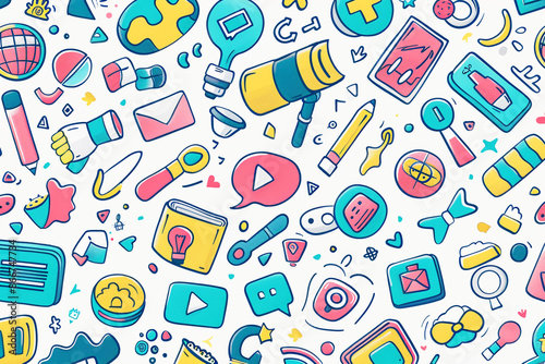 Vibrant hand-drawn doodles of social media and communication icons, ideal for digital and creative themes.