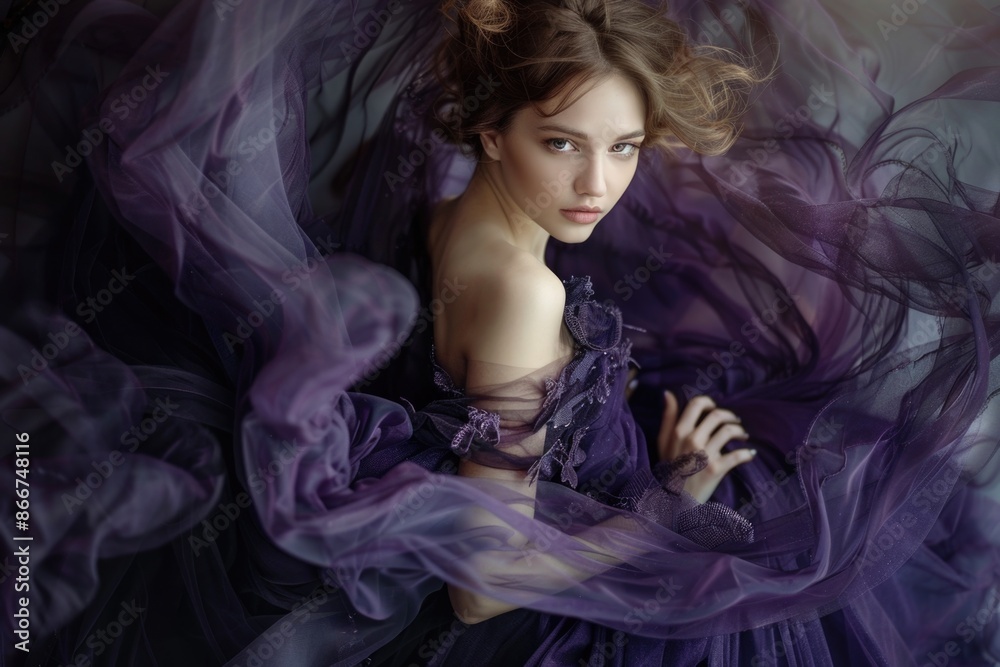 A woman wearing a purple dress poses for a photo shoot A woman wearing a purple dress poses for a photo shoot