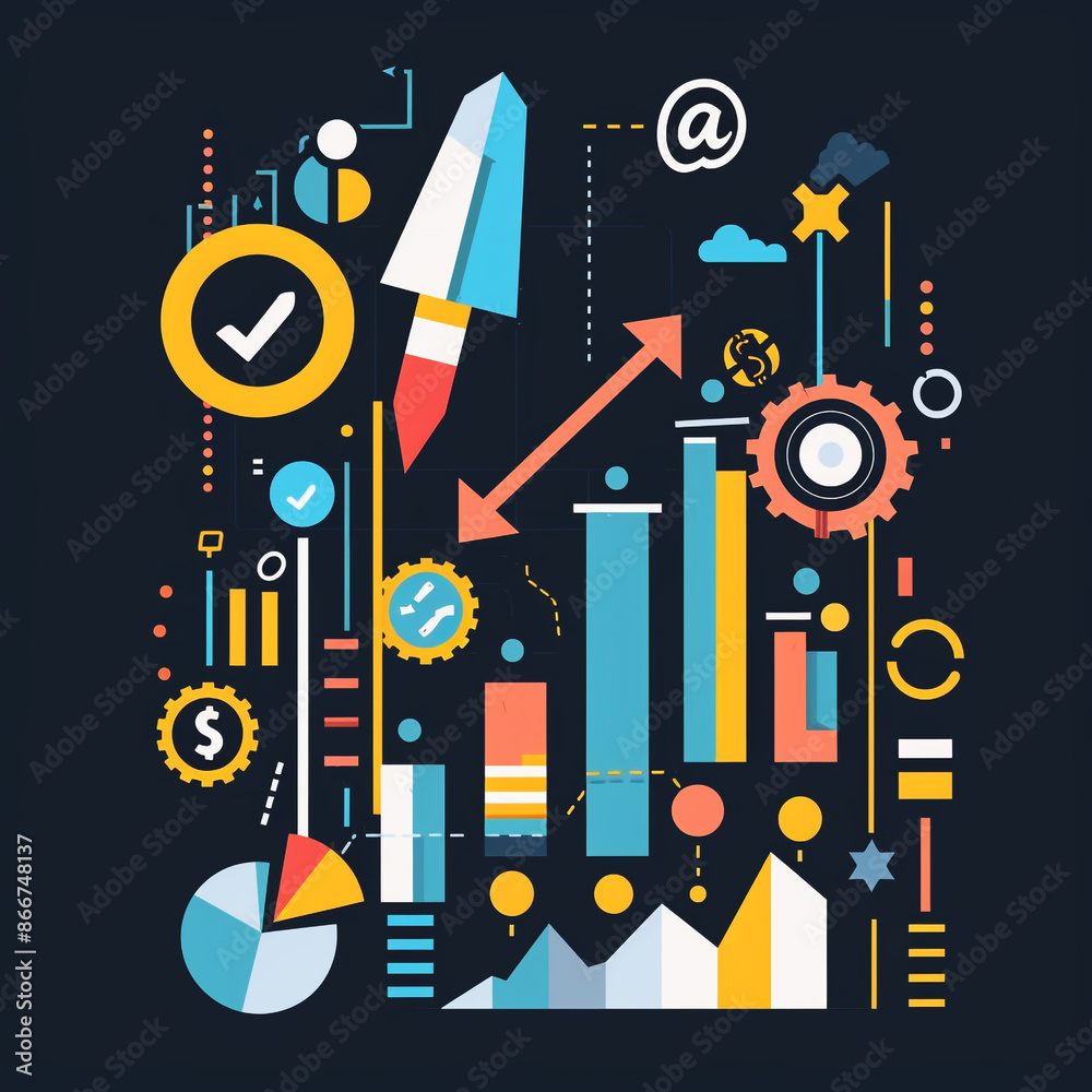 Obraz premium Colorful 3D arrows and symbols depicting business growth and success, perfect for business and finance themes.