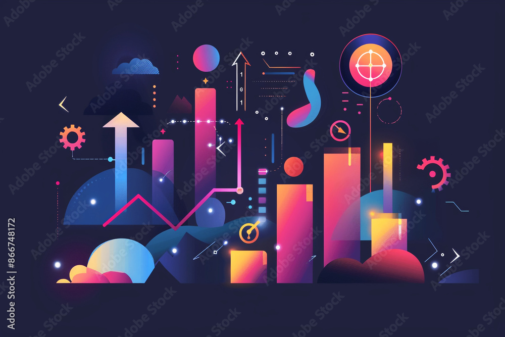 Obraz premium 3D illustration of financial growth with bar charts and currency symbols, ideal for business and finance themes.