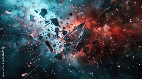 Sharp shards of glass explode against a dark background, capturing the dynamic chaos of a shattered surface. photo