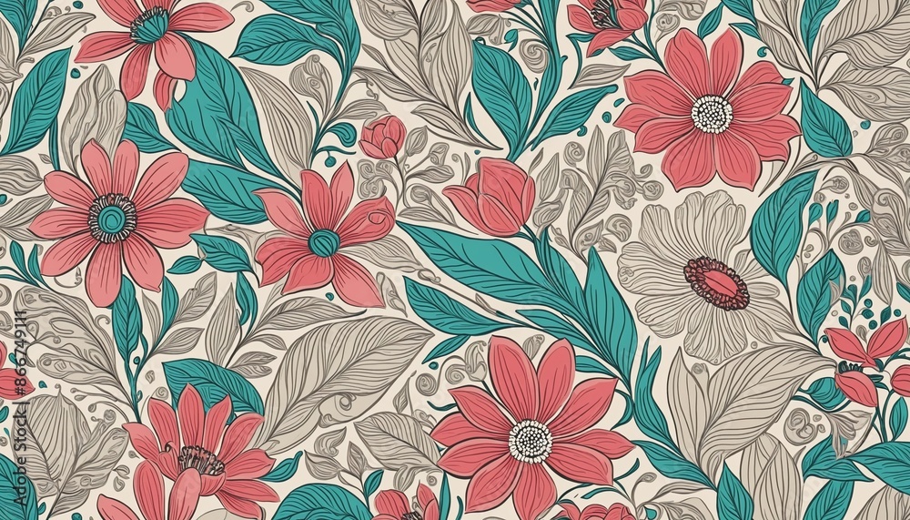 Hand-drawn graphic vector illustration of a seamless floral pattern with a vintage botanical design Hand-drawn graphic vector illustration of a seamless floral pattern with a vintage botanical design
