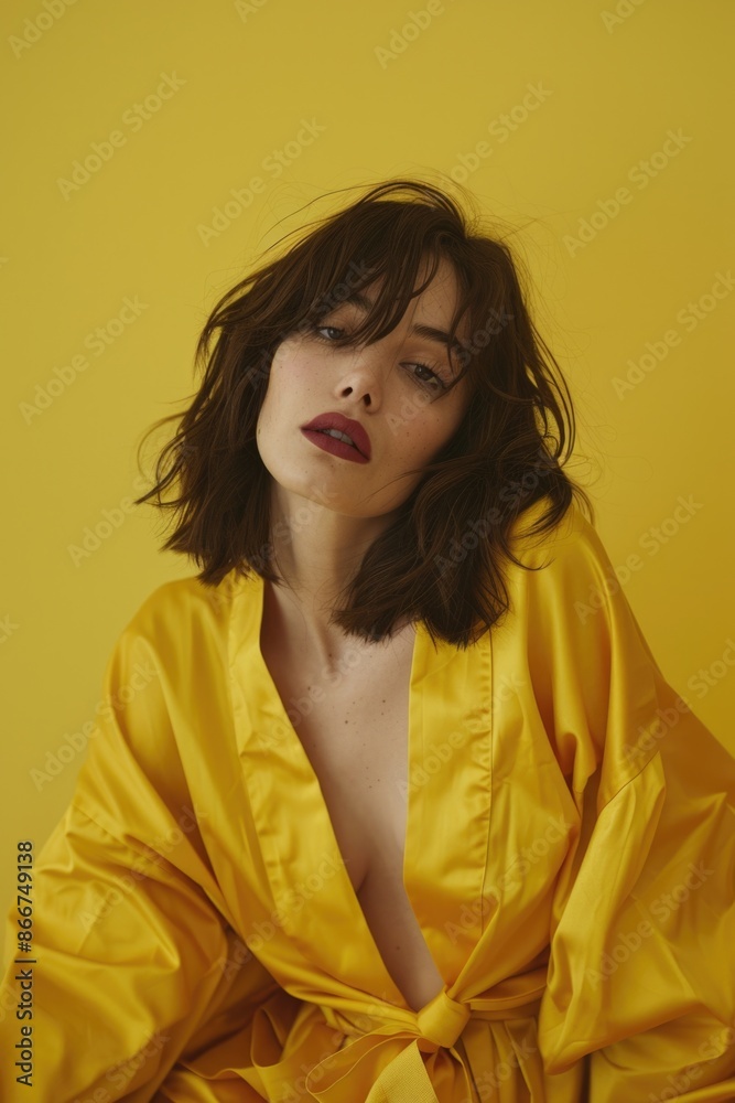 A model poses wearing a bright yellow robe, possibly for a photo shoot or costume use