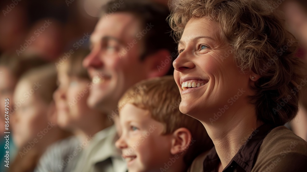 A smiling family enjoys together at an indoor event, fully captivated by what they're watching. A smiling family enjoys together at an indoor event, fully captivated by what they're watching.