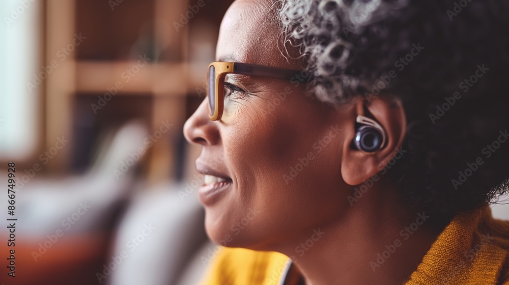 Smiling woman with glasses and earbuds, looking focused indoors. Smiling woman with glasses and earbuds, looking focused indoors.