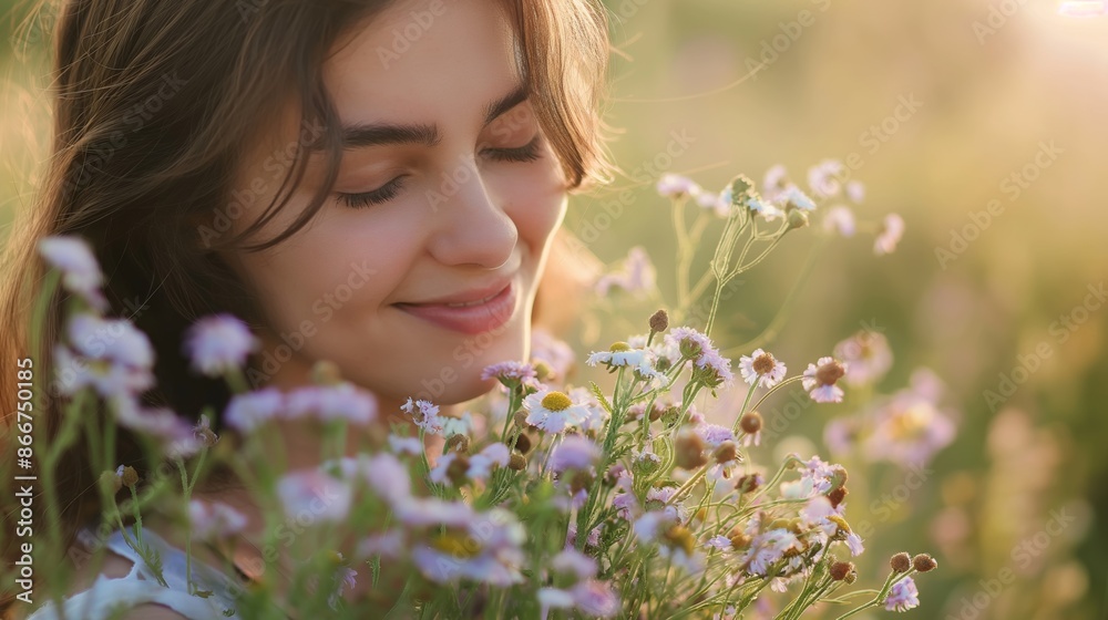 Woman smiling with closed eyes, enjoys flowers in a sunlit meadow, serene and peaceful moment. Woman smiling with closed eyes, enjoys flowers in a sunlit meadow, serene and peaceful moment.