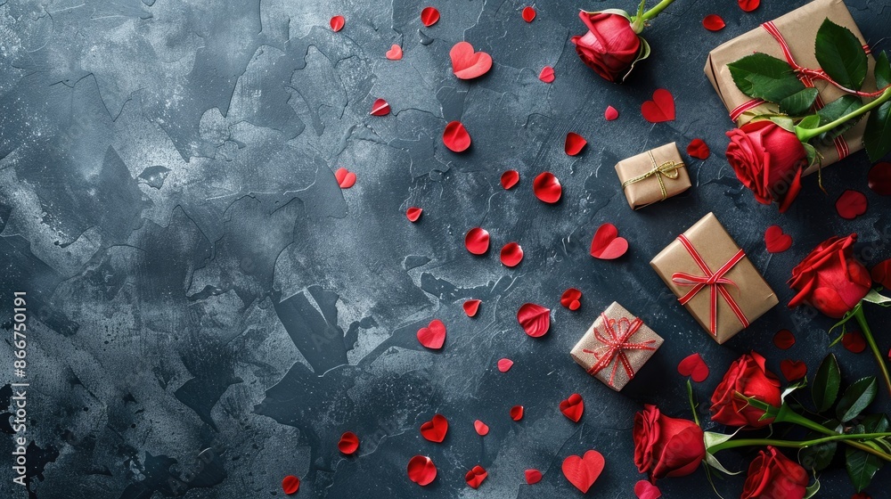 Valentine s Day celebration with roses and gift on stone background Valentine s Day celebration with roses and gift on stone background