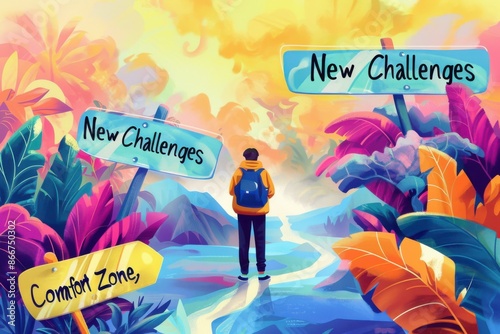 Student facing a path with signs pointing to new challenges and comfort zone