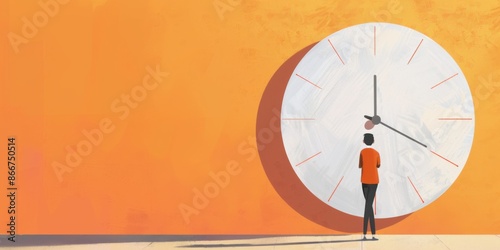 Student looking at a large clock against an orange background