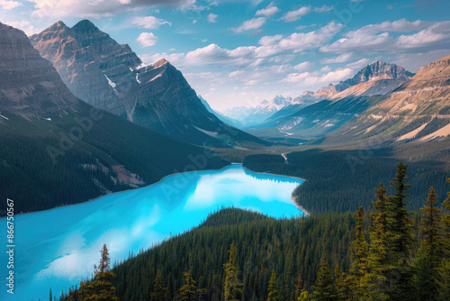 Stunning turquoise waters of Peyto Lake with forested mountains, Canada