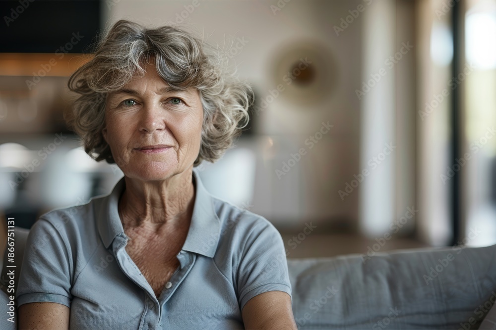 Portrait of a content caucasian woman in her 60s wearing a breathable golf polo on modern minimalist interior Portrait of a content caucasian woman in her 60s wearing a breathable golf polo on modern minimalist interior