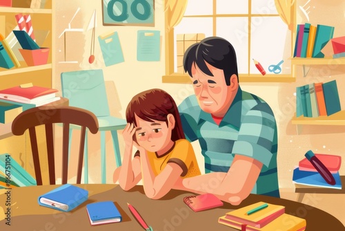 Young girl of 8 years old experiencing psychological stress and anxiety while studying, being comforted by her father