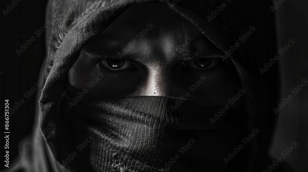 intense closeup of masked bank robbers face partially hidden by dark hood dramatic chiaroscuro lighting emphasizes determined eyes and tense features gritty noirinspired atmosphere intense closeup of masked bank robbers face partially hidden by dark hood dramatic chiaroscuro lighting emphasizes determined eyes and tense features gritty noirinspired atmosphere