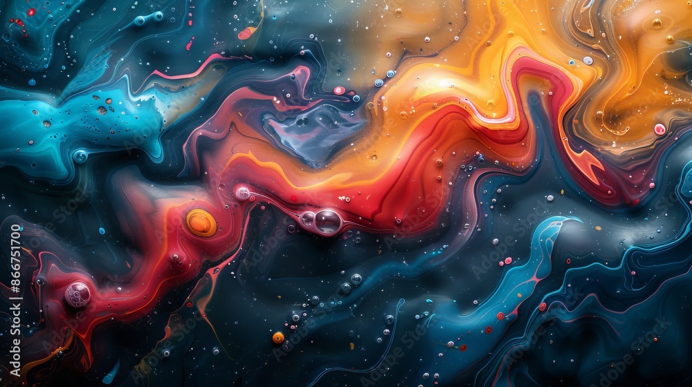 Obraz premium Vibrant liquid acrylic paint swirls and mixes in a mesmerizing display of color on textured background. Full frame image features blue. Orange. Red. Yellow. Pink. Purple. Green. Black. And white hues