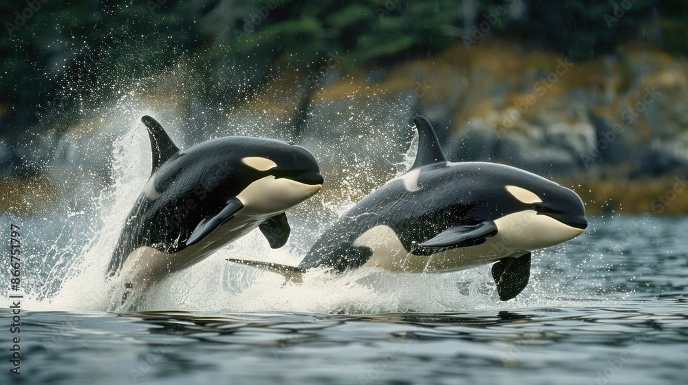 Fototapeta premium Two Killer Whales Leaping Through the Water