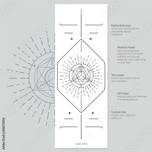 Alignment Yoga Mat design template. Vector illustration. Ready to print modern style. Perfect support in any asana, for the most demanding yogis with beautiful sybol in the center point inspired by