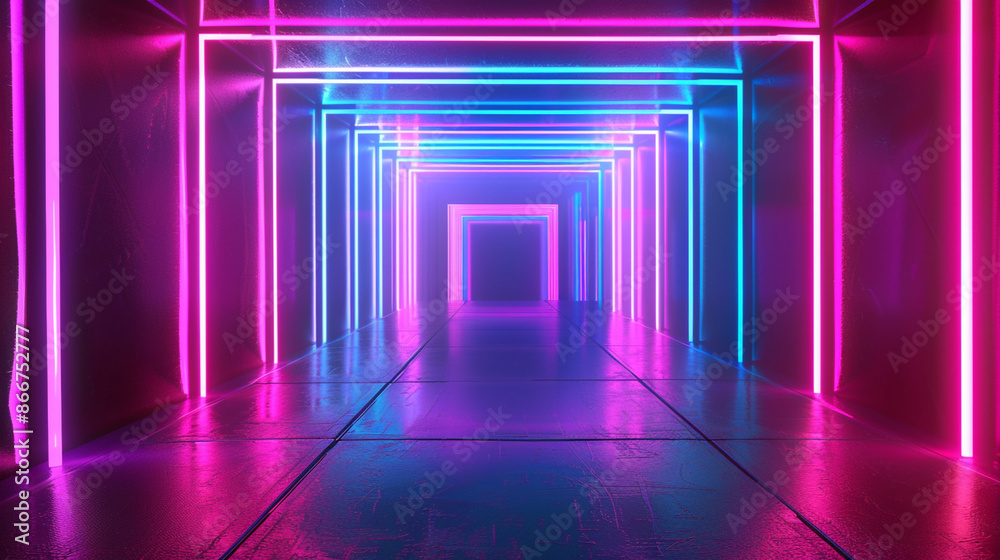 Abstract neon light geometric background setting. Glowing neon lines. Empty futuristic stage laser. Colorful rectangular laser lines. Square tunnel. Night club empty room. Laser show design Abstract neon light geometric background setting. Glowing neon lines. Empty futuristic stage laser. Colorful rectangular laser lines. Square tunnel. Night club empty room. Laser show design
