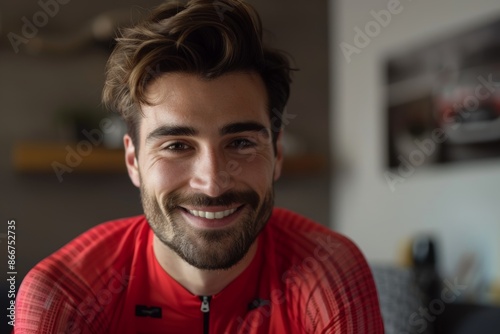 Portrait of a grinning man in his 20s sporting a breathable mesh jersey isolated in modern minimalist interior © CogniLens