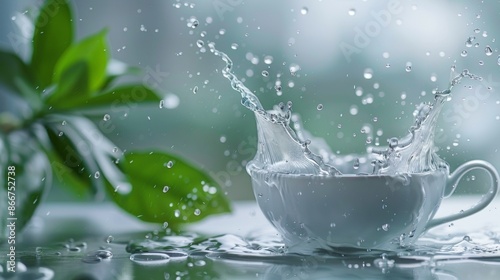 Splash of water in a white cup with green leaves in the background