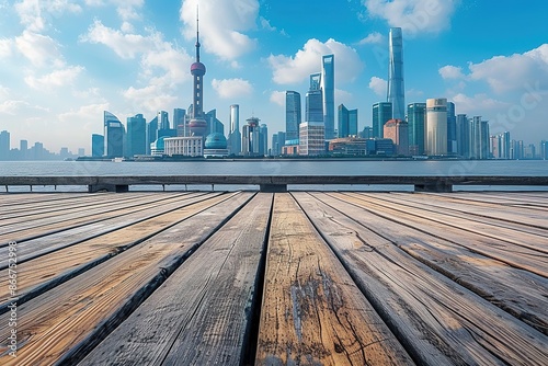 Wooden square and city skyline with buildings in Shanghai,China.