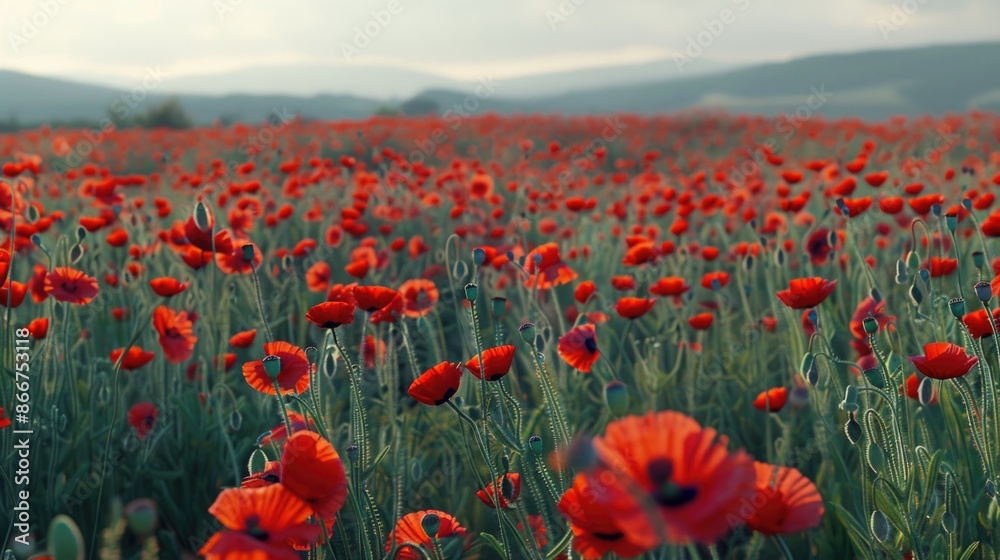 Obraz premium A field of red flowers against a backdrop of majestic mountains
