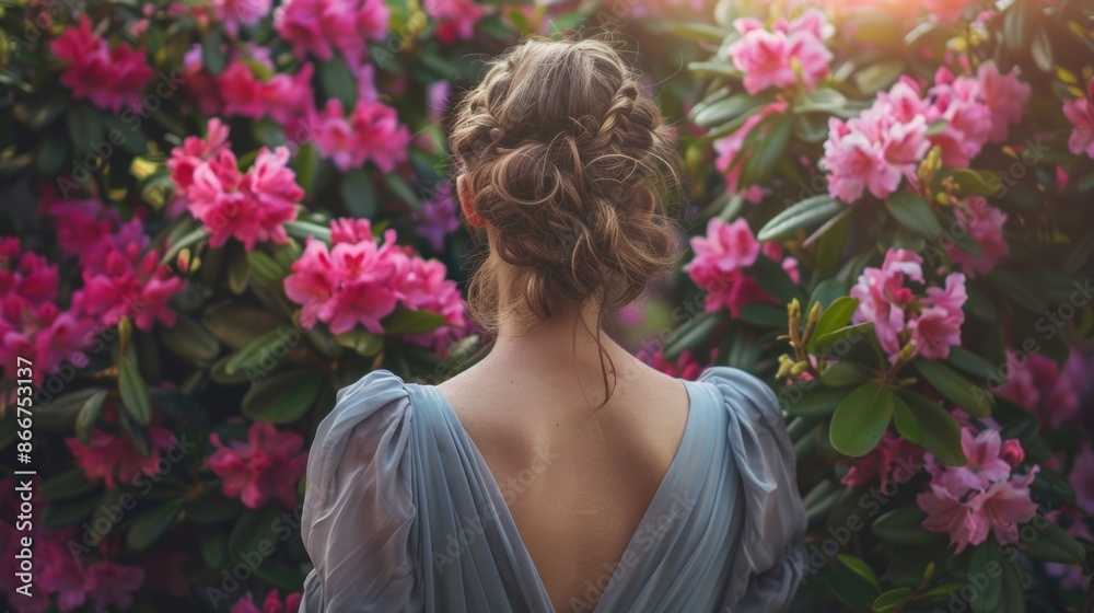 A person standing in front of a blooming flower bush, perfect for lifestyle or nature-related content A person standing in front of a blooming flower bush, perfect for lifestyle or nature-related content