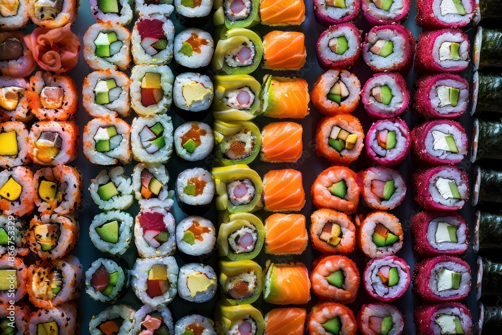 Set of Sushi Rolls with Rice, Fish and Salmon, Chopsticks, Dark Background, AI Generative Set of Sushi Rolls with Rice, Fish and Salmon, Chopsticks, Dark Background, AI Generative