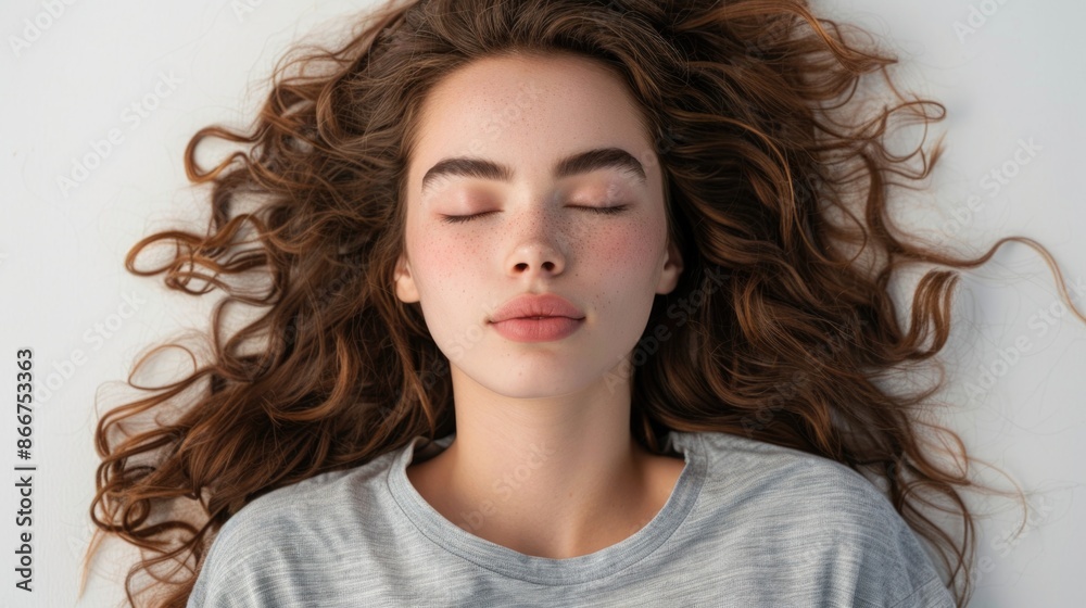 A woman sitting or standing with her eyes closed, her hair blown by the wind A woman sitting or standing with her eyes closed, her hair blown by the wind