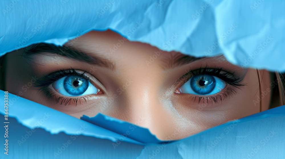 Womans Blue Eyes Peeking Through Fabric Womans Blue Eyes Peeking Through Fabric