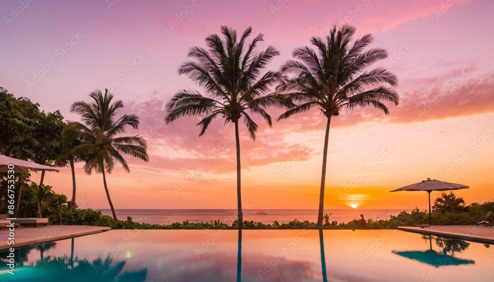 tropical sunset in a summer pool tropical sunset in a summer pool