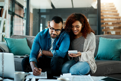 Calculator, financial paperwork or happy couple with budget documents, audit or planning savings. Writing, smile or people organizing bills checklist for paying debt, finance or household expenses
