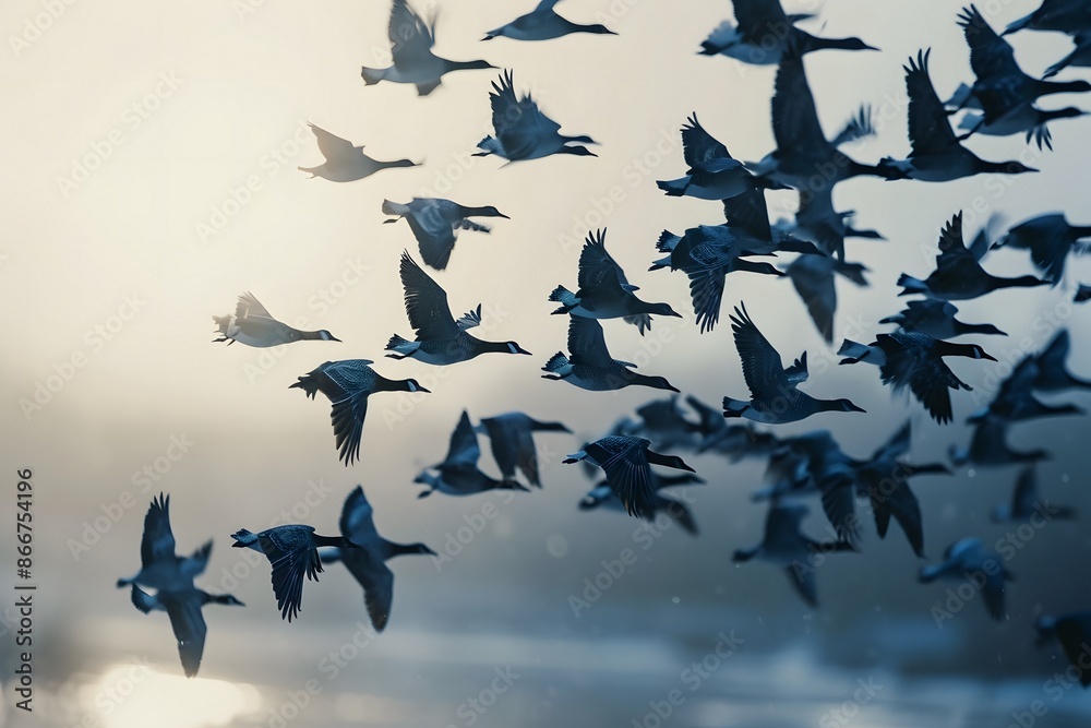 Flock of Birds in Flight at Sunset Over Water
