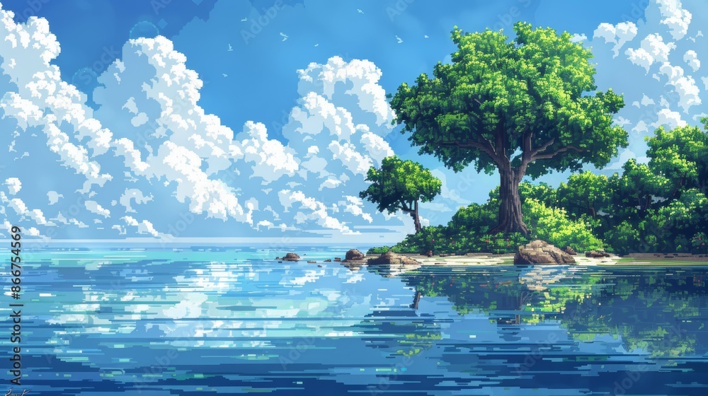 A tranquil island scene with lush trees and crystal clear water reflecting the blue sky and fluffy clouds. A tranquil island scene with lush trees and crystal clear water reflecting the blue sky and fluffy clouds.