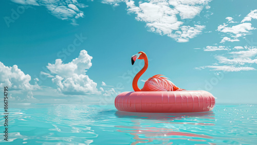 Flamingo Floating on a Pink Inflatable Ring © Kara