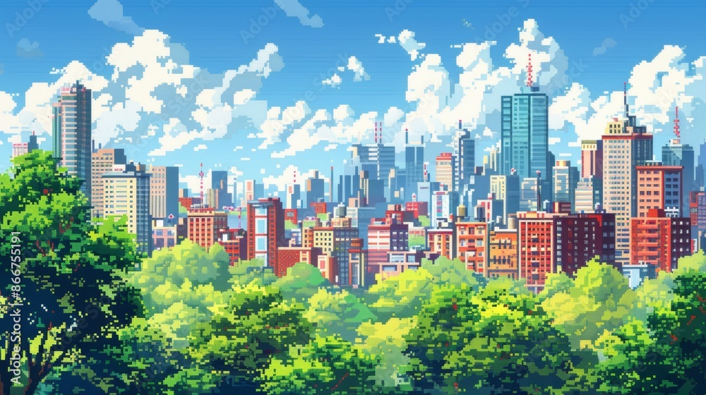 Obraz premium A vibrant cityscape with towering skyscrapers and lush green trees under a bright blue sky.