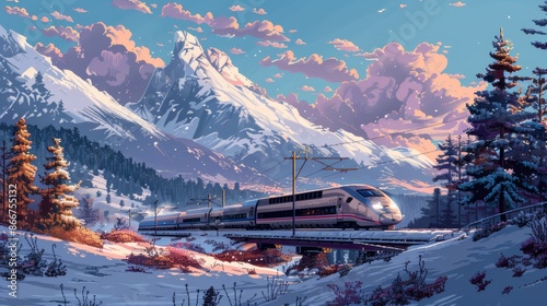 A high-speed train travels through a snowy mountain range under a vibrant sunset sky. photo