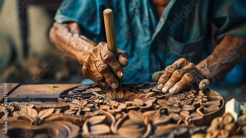 Skilled craftsman carving intricate designs into wood their hands guided by tradition and creativity shaping beauty from raw materials