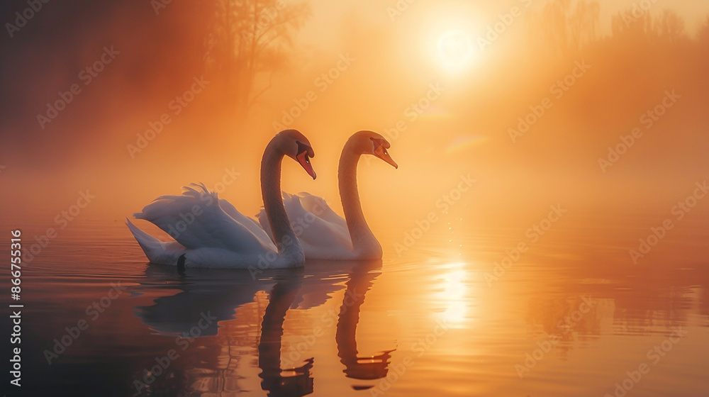 Fototapeta premium A pair of swans swimming in a misty lake at sunrise