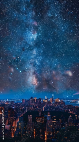 Wallpaper Mural Starry night sky over a city skyline with glowing skyscrapers, bustling city lights, panoramic perspective, vibrant and captivating Torontodigital.ca