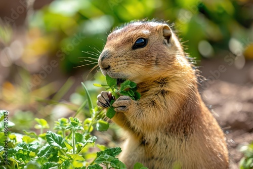 adorable prairie dog munching on vibrant green vegetation sunlight highlighting its fur surrounded by arid grassland landscape