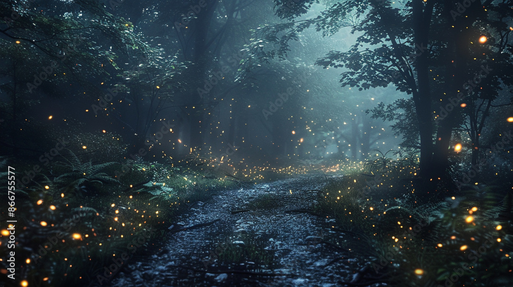 Obraz premium A swarm of fireflies lighting up a dark forest