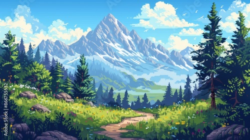 A scenic mountain landscape with a dirt path leading towards a majestic peak. Lush green meadows and tall pines surround the path.