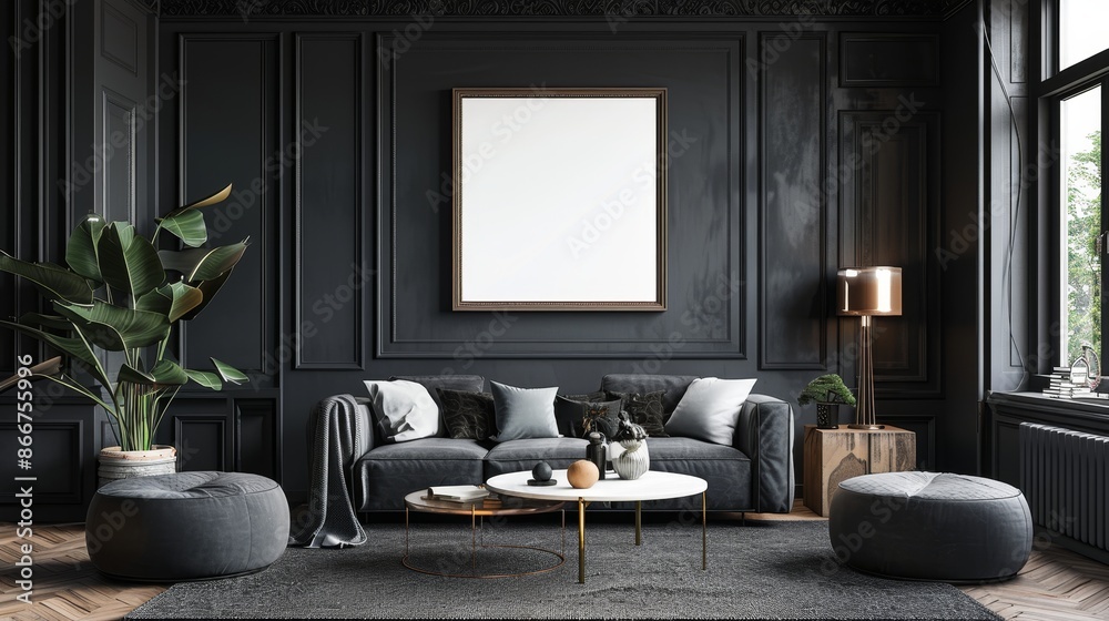 Mockup frame in black living room interior with retro decor Mockup frame in black living room interior with retro decor