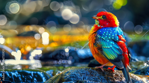 An exotic, vibrant bird with a striking mix of bright red, electric blue, and neon green feathers perches on a branch by a sunlit forest stream. Its body is adorned with tiny dots and scales