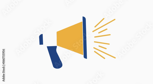 A stylized representation of a megaphone or loudspeaker. It is predominantly yellow with a blue handle. The megaphone emits rays or beams from its side.