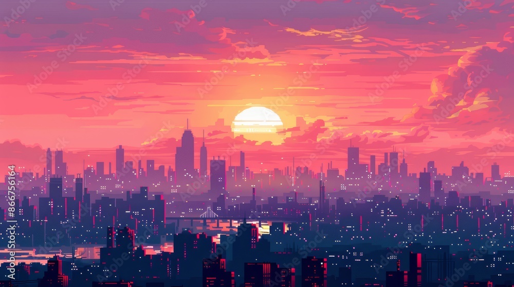 Obraz premium A vibrant sunrise over a sprawling cityscape, with the sun casting a warm glow over the buildings and the clouds.