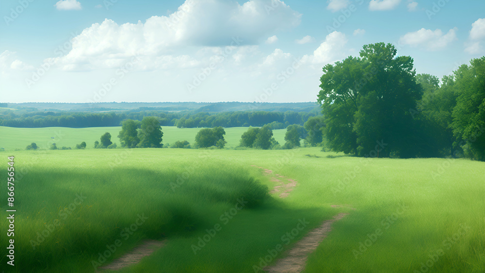 Obraz premium Summer landscape with green grass in a field in sunny weather, AI generation