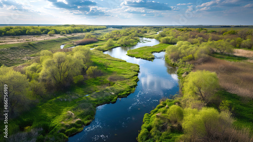 Bird's eye view of the river and green trees on the river bank © Iryna