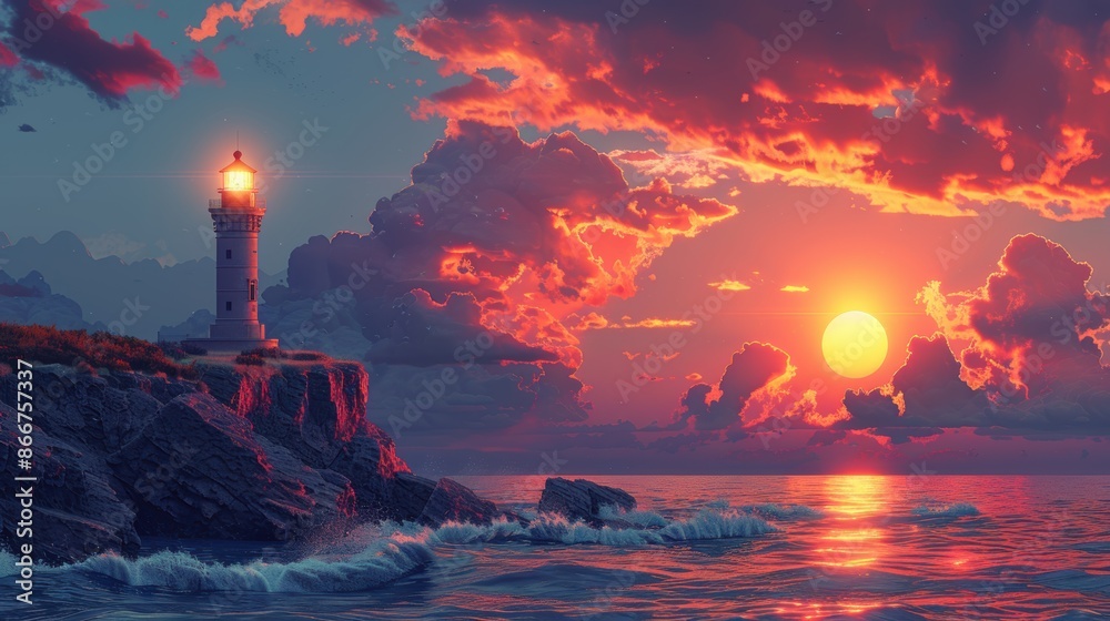 Illustration dramatic coastal cliffs with waves crashing against the rocks and a lighthouse standing tall on the edge. Illustration dramatic coastal cliffs with waves crashing against the rocks and a lighthouse standing tall on the edge.