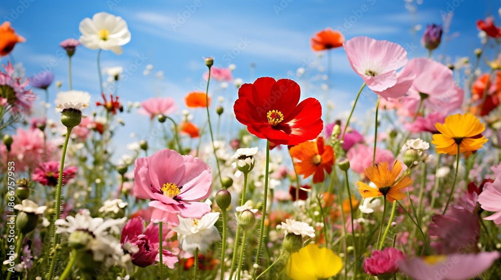 A field of vibrant wildflowers under a clear blue sky A field of vibrant wildflowers under a clear blue sky
